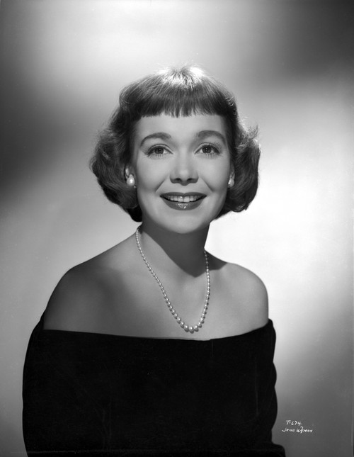 Jane Wyman Portrait in Black Velvet Long Sleeve Shoulder Dress and Pearl Necklace with Pearl Earrings Photo Print - Item # VARCEL705904