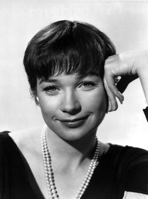 Shirley MacLaine Portrait in Black V-Neck Long Sleeve Shirt and Pearl Necklace with Left Hand on the Head Photo Print - Item # VARCEL706617