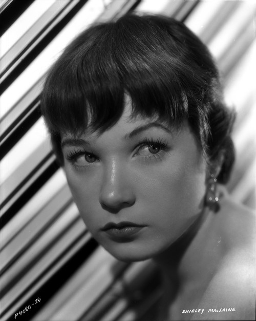 Shirley MacLaine Portrait in White Dress and Pearl Necklace with Eyes Looking to the Left Photo Print - Item # VARCEL706642