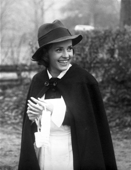 Jeanne Moreau Portrait in White Blouse and Black Linen Mantle with Brimmed Hat Photo Print - Item # VARCEL707667
