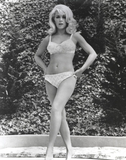 Stella Stevens Hands on Hips Pose with One Leg Forward wearing Bikini in Black and White Photo Print - Item # VARCEL707784