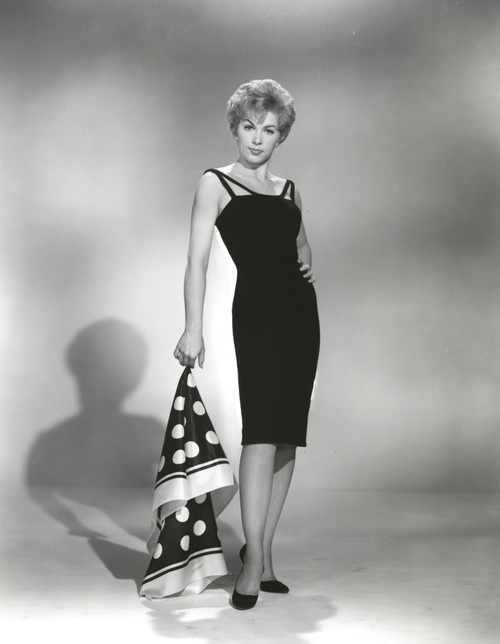 Stella Stevens Posed while Holding Scarf in Black and White Portrait wearing Black Dress Photo Print - Item # VARCEL707844