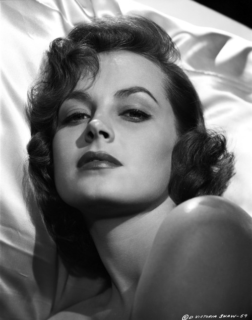 Victoria Shaw pictured laying her head on all white smooth, silk linens Photo Print - Item # VARCEL707972