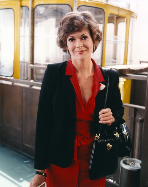 Jessica Walter Portrait in Black Coat and Red Collar Dress with Black Leather Shoulder Bag Photo Print - Item # VARCEL709170