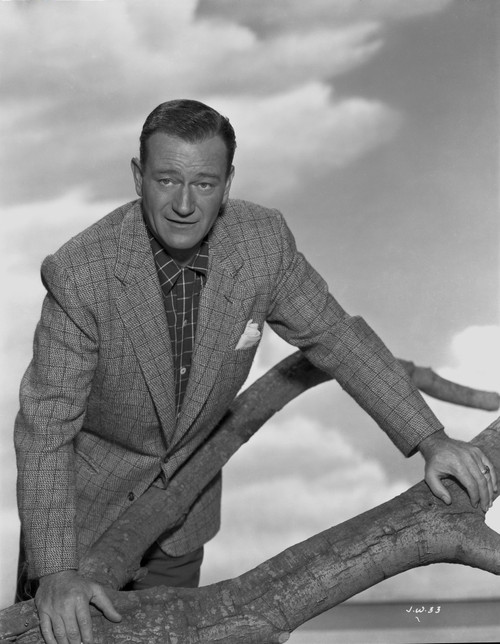 John Wayne leaning on a Wood wearing a Striped Suit in a Portrait Photo Print - Item # VARCEL709262