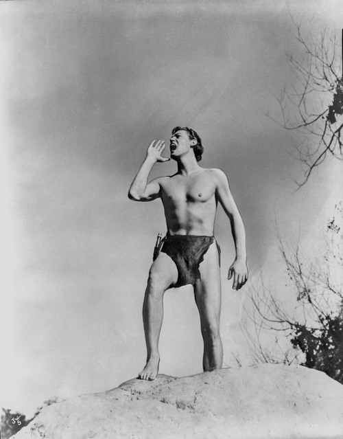 Johnny Weissmuller Shouting on Top of a Big Rock in a Movie Scene Photo Print - Item # VARCEL709314