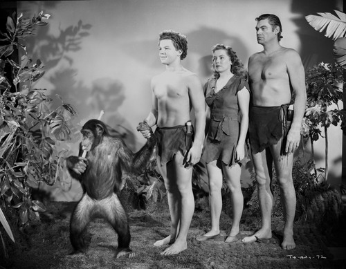 Johnny Weissmuller standing with His Family and a Monkey in a Movie Scene Photo Print - Item # VARCEL709349