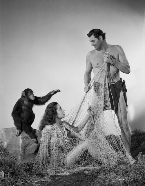 Johnny Weissmuller Releasing a Woman from a Fish Net in a Classic Movie Scene Photo Print - Item # VARCEL709401