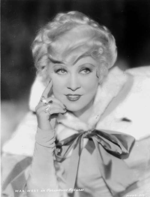 Mae West Thinking Pose in White Dress with Black Ribbon on Her Neck Photo Print - Item # VARCEL709676
