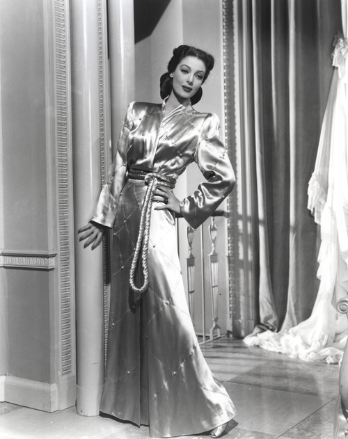 Loretta Young Shiny Silver Satin Long Dress Photo Print - Item # VARCEL710054