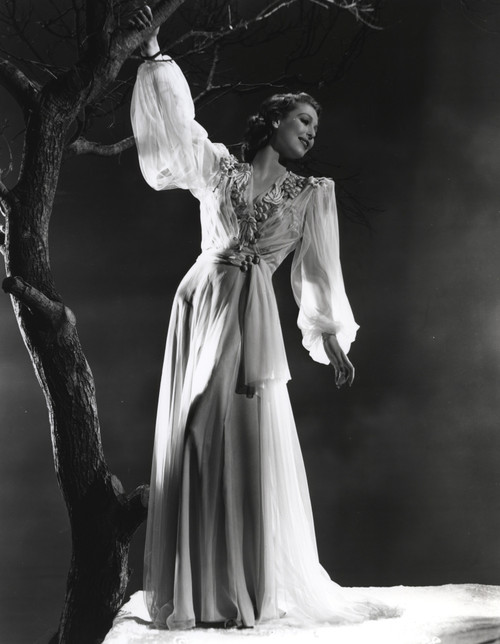 Loretta Young posed in Long Sleeve Dress on a Tree Photo Print - Item # VARCEL710061