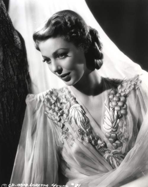 Loretta Young Crepe White Dress With Sheer Sleeves Photo Print - Item # VARCEL710033
