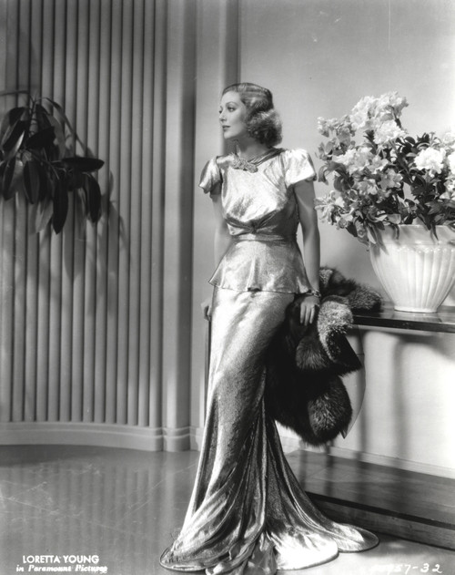 Loretta Young Shiny Satin Gown Silver, Black and White Photo Print - Item # VARCEL710065