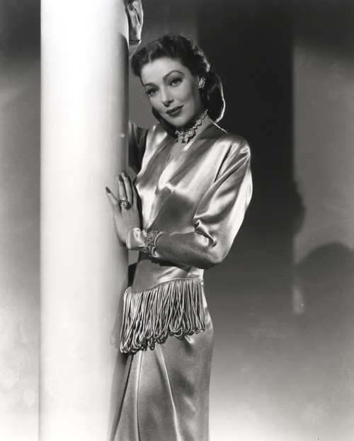 Loretta Young Shiny Silver Satin Dress Photo Print - Item # VARCEL710058