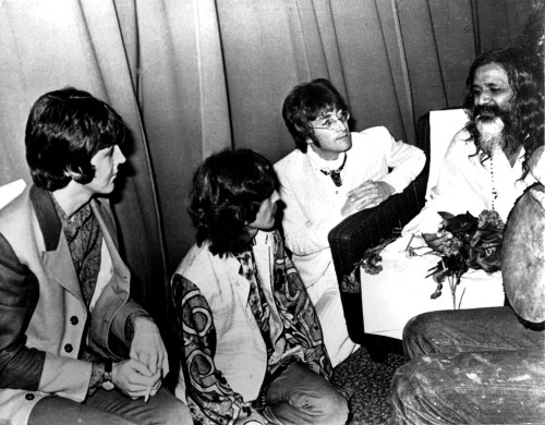 The Beatles sitting with Maharishi Mahesh Yogi Photo Print - Item # VARGLP375698