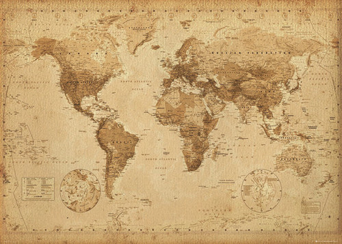 World Map Antique Style Poster Print