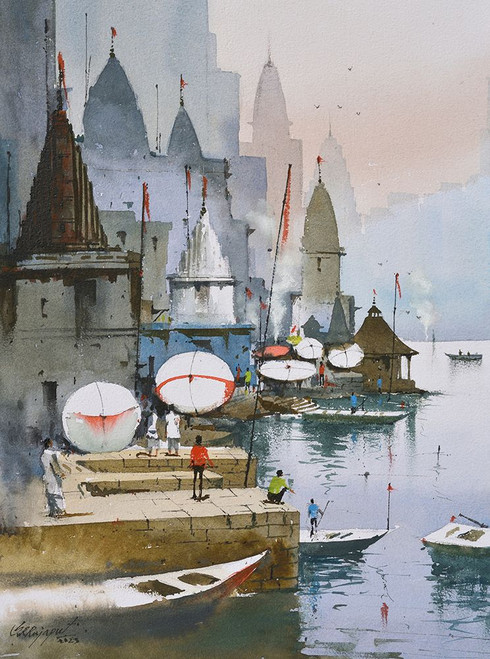 Varanasi Ganga Ghat Indian Painting  CPL5301 Poster Print - Inhouse Artist Tradelink