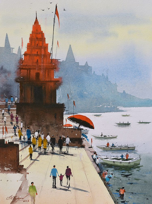 Varanasi Ganga Ghat Indian Painting  CPL5301 Poster Print - Inhouse Artist Tradelink