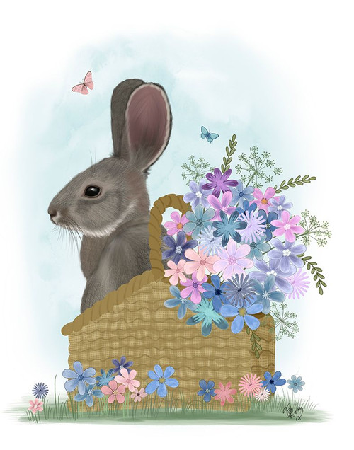 Bunny In Basket with Flowers Poster Print - Funky Fab