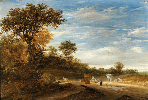 A wooded landscape with cattle resting Poster Print by Jacob Salomonsz. van Ruysdael