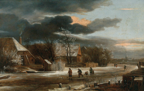 A winter landscape with a village and a frozen canal Poster Print by Jacob van Ruisdael