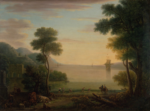 Classical Landscape with Figures and Animals; Sunset  Poster Print by John Wootton