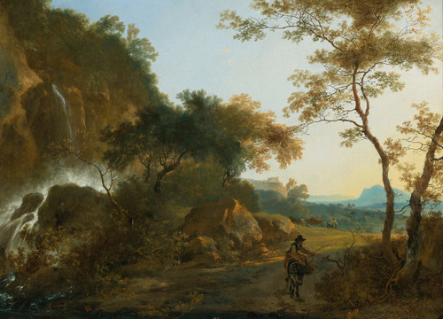 An Italianate Landscape With A Traveller On A Path By A Waterfall Poster Print by Adam Pynacker