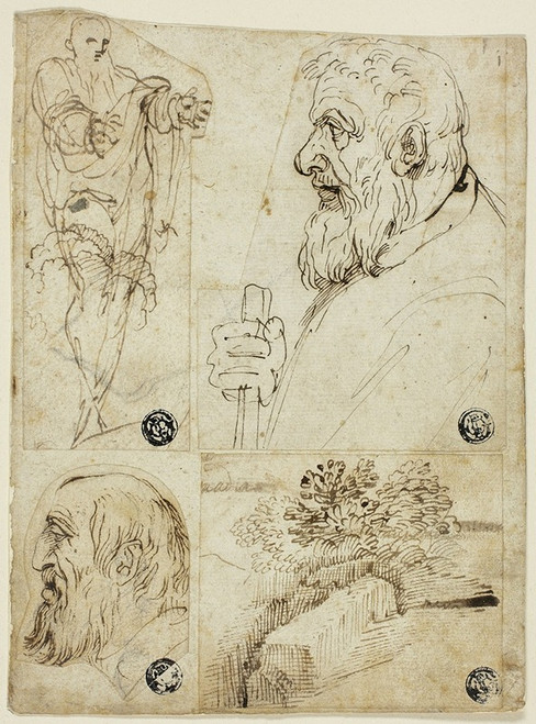 Four Sketches; Standing Male Figure; Profile Bust of Bearded Man; Profile Head of Bearded Man; Landscape Poster Print by Agostino Carracci