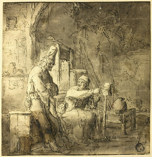 Old Peasant Couple in Cottage Poster Print by After Adriaen van Ostade