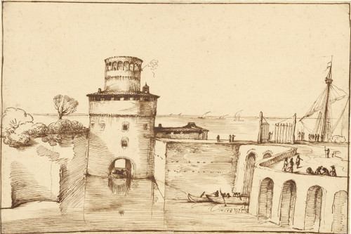 Landscape with a View of a Fortified Port  Poster Print by Guercino