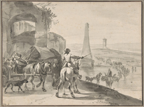 Travellers and wagons fording a river in a Southern landscape  Poster Print by Hendrik Verschuring