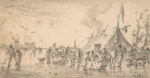 River Landscape in Winter with Figures Skating and Sleds  Poster Print by Jan van Goyen