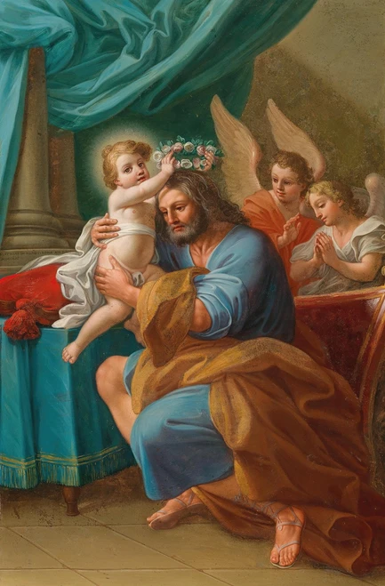 The Christ Child crowning Saint Joseph with Angels behind Poster Print by Mattia de Mare