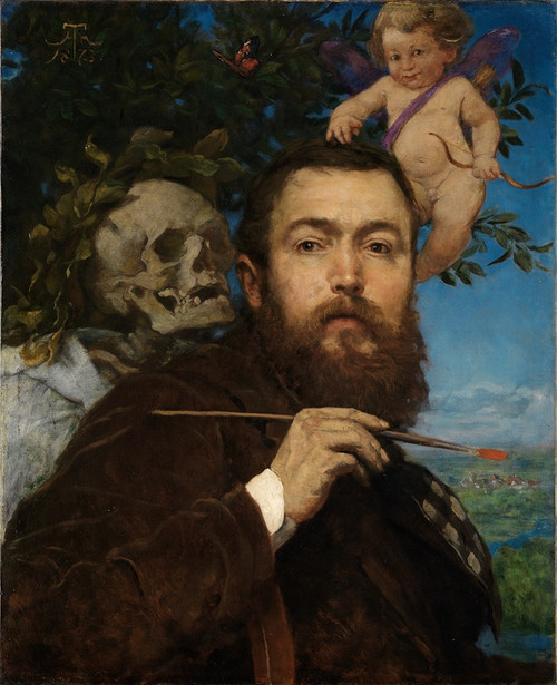 Self-portrait with Cupid and Death  Poster Print by Hans Thoma