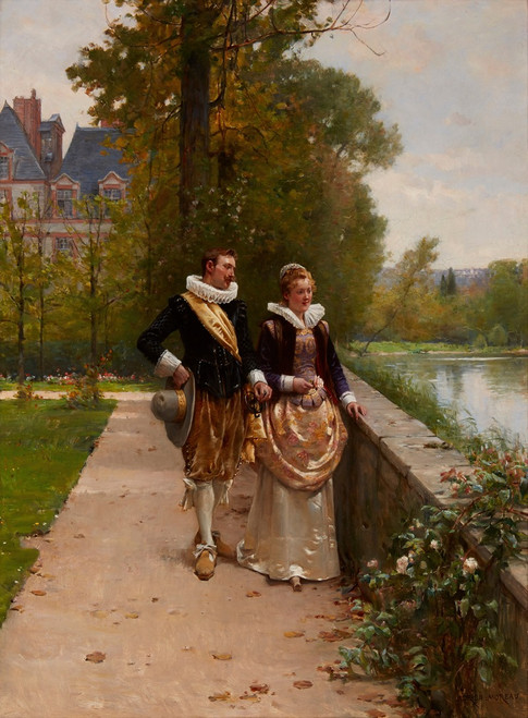 Elegant figures strolling in the park Poster Print by Adrien Moreau