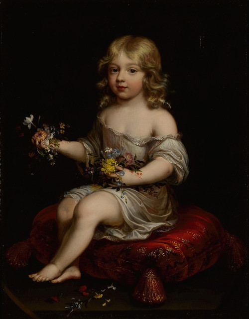 Portrait of a young boy seated on a cushion holding flowers Poster Print by Follower of Pierre Mignard