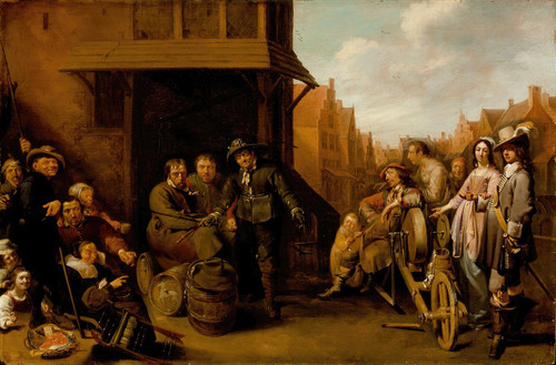 A Street Scene with Knife Grinder and Elegant Couple  Poster Print by Jacob Duck