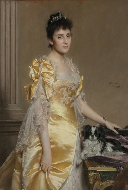 Portrait of an elegant woman with a Papillon spaniel  Poster Print by Emile Charles Wauters