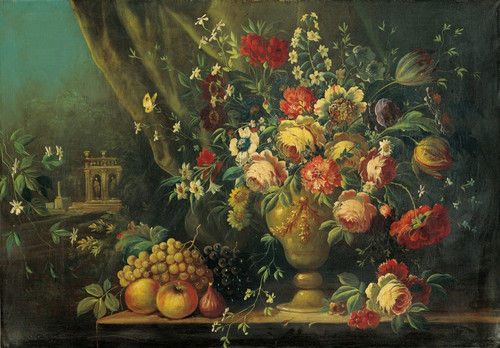 Still Life With Flowers And Fruits Poster Print