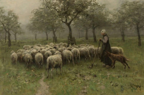 Shepherdess With A Flock Of Sheep Poster Print