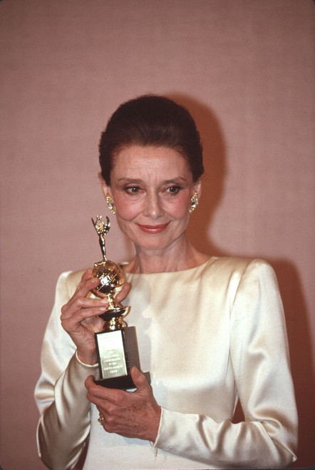 Audrey Hepburn In White Long Sleeve Gown Holding Golden Globe Award Photo Print - Item # CPA1673