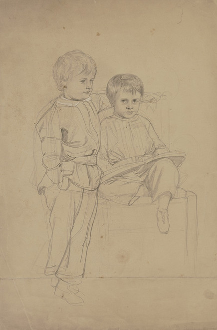 Portr√É¬§t zweier kleiner Jungen; einer auf einem Stuhl sitzend, ein Buch in der Hand, der andere links von ihm Poster Print by Philipp Winterwerb