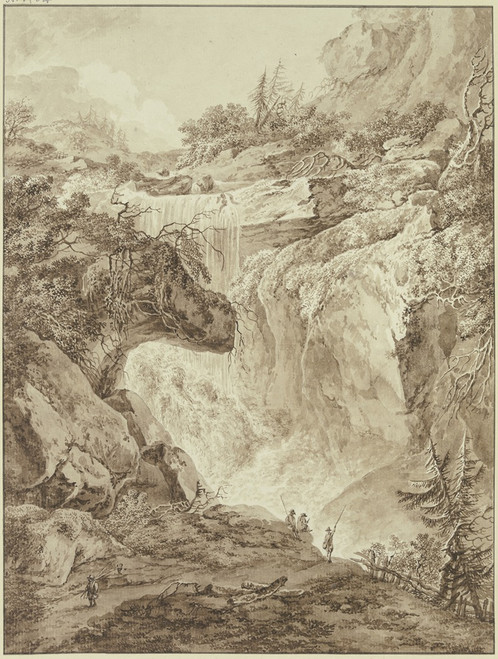 Wasserfall in einer Gebirgsschlucht, im Vordergrund vier Angler Poster Print by Johann Heinrich W√É¬ºest