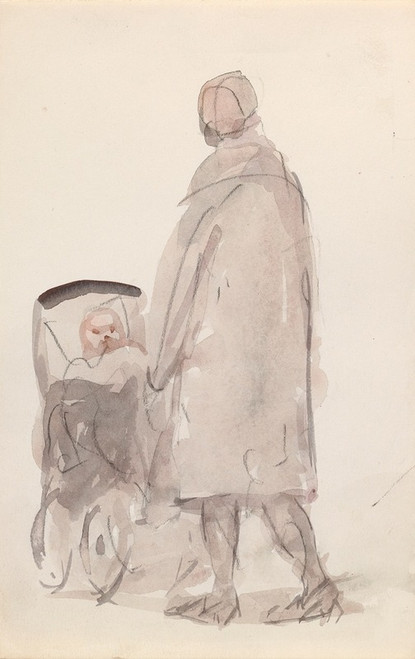 A Woman Pushing a Child in a Pram Poster Print by Michael Healy