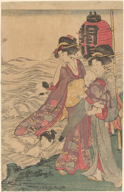 Two Women with Children at the Seashore  Poster Print by Kitagawa Utamaro