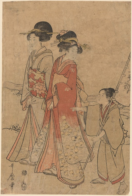 Two Women Walking by a Stream Directed by Boy  Poster Print by Kitagawa Utamaro