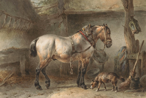 Paard en hond in een stal  Poster Print by Wouterus Verschuur