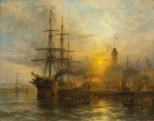 A Danish steamer moored alongside a busy dock  Poster Print by Henry Thomas Dawson