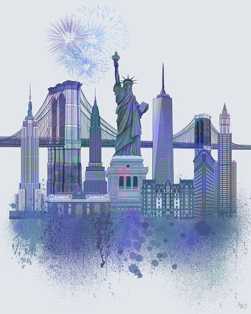 New York Skyline Watercolour Splash Blue Poster Print - Funky Fab