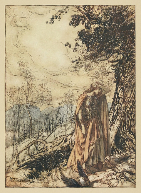 Brunnhilde stands for a long time dazed and alarmed  Poster Print by Arthur Rackham